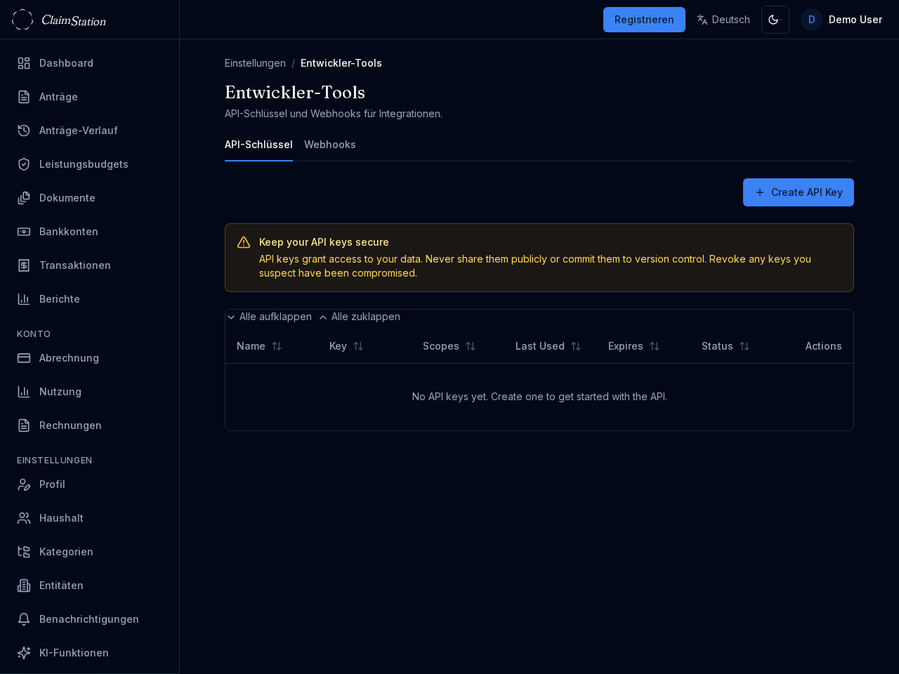 ClaimStation Settings Dev Tools API Keys